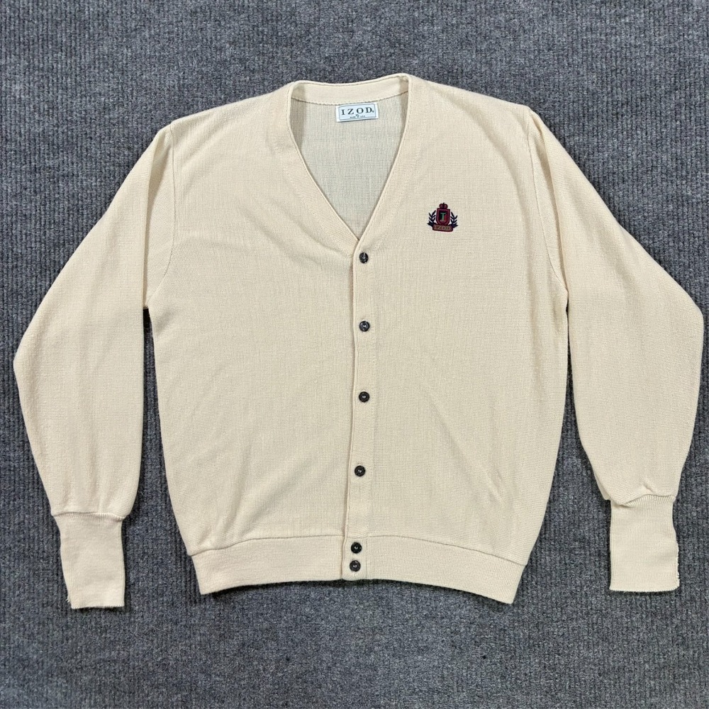 Vintage IZOD Mens Cardigan Sweater Size XL Cream USA Made Button Preppy Crest
